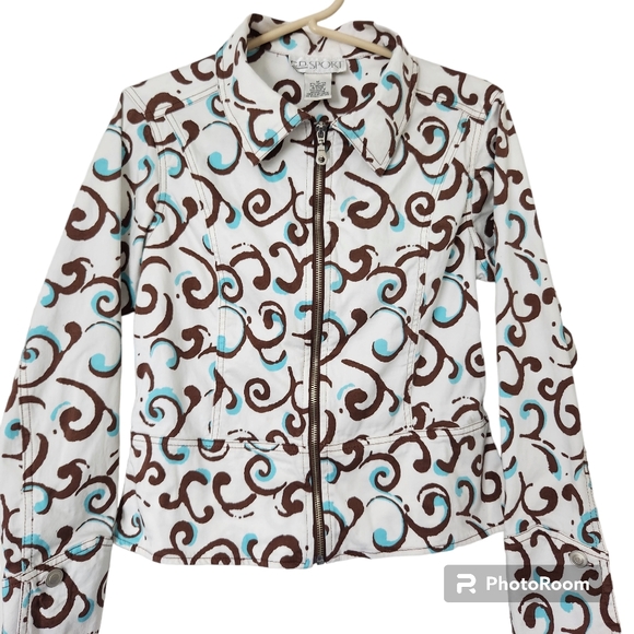 C.D.Sport Y2K Vibe Ivory, Chocolate & Turquoise Cropped Tailored Print Jacket M - Picture 3 of 11